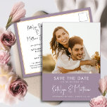Mauve Purple Modern Photo Wedding Save The Date Announcement Postcard<br><div class="desc">Mauve Purple Fun Script Modern Photo Minimalist Wedding Save The Date Announcement Postcard. Let your family, friends and colleagues know that you have set a date for your wedding celebration with this elegant, stylish and modern wedding save the date invitation card. All the texts are pre-arranged for you to personalise...</div>