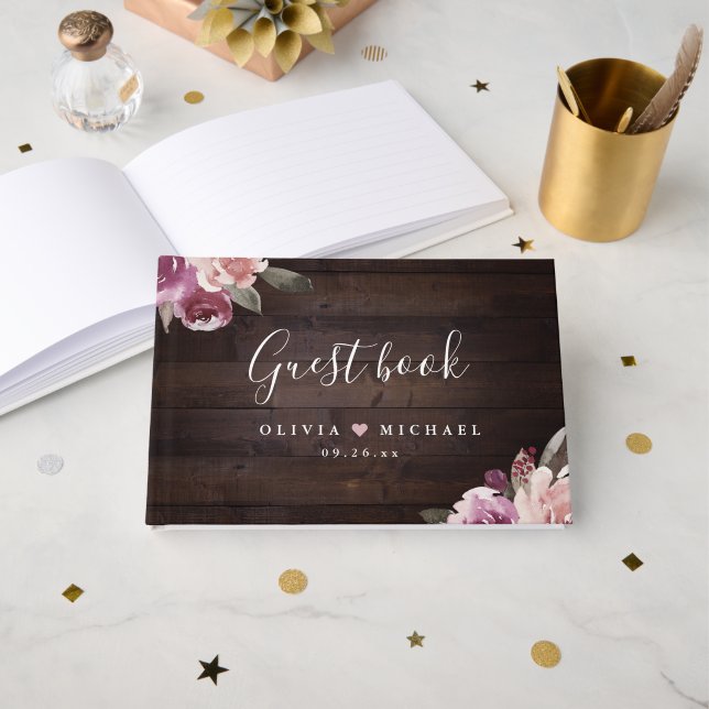 Mauve purple & mulberry floral rustic wood wedding guest book (Front Open)