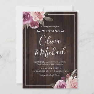Mauve purple & mulberry floral rustic wood wedding invitation