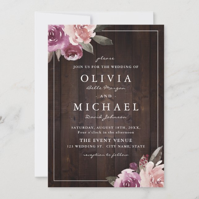 Mauve purple & mulberry floral rustic wood wedding invitation (Front)