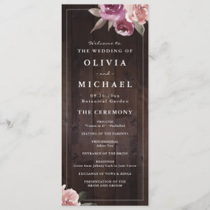 Mauve purple & mulberry floral rustic wood wedding menu