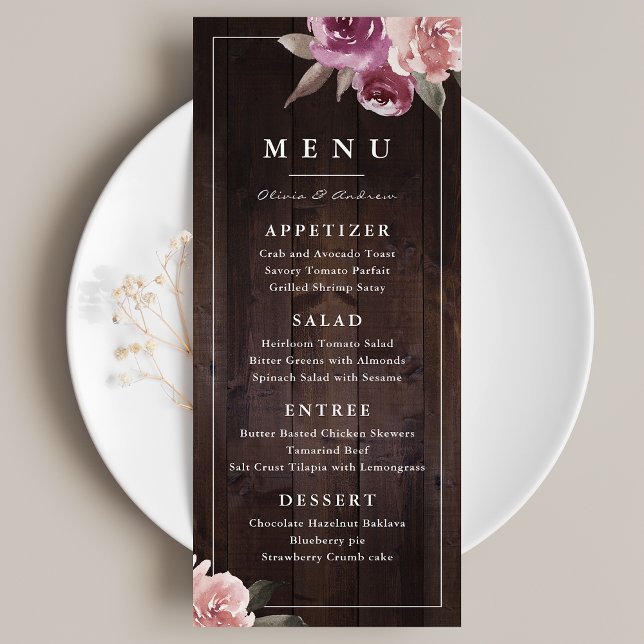 Mauve purple & mulberry floral rustic wood wedding menu (Mauve purple & mulberry floral rustic wood wedding menu)