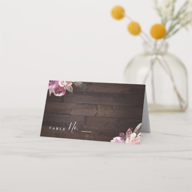 Mauve purple & mulberry floral rustic wood wedding place card (Front)