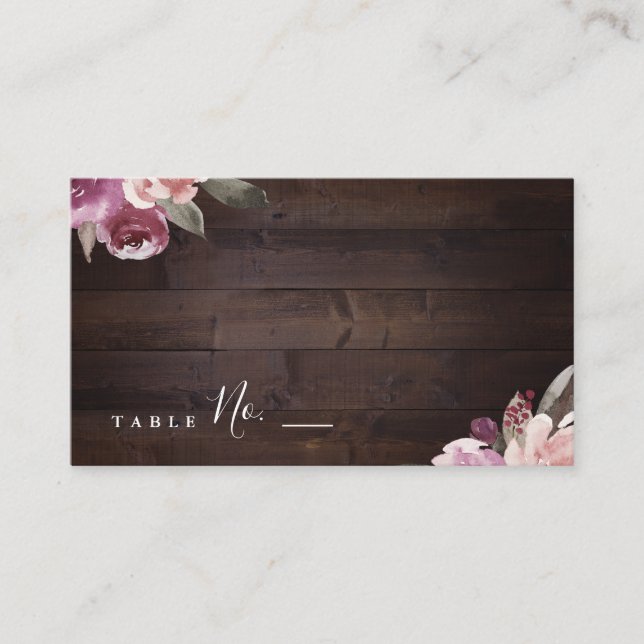 Mauve purple & mulberry floral rustic wood wedding place card (Front)