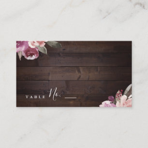 Mauve purple & mulberry floral rustic wood wedding place card