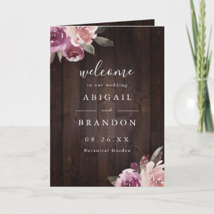 Mauve purple & mulberry floral rustic wood wedding programme