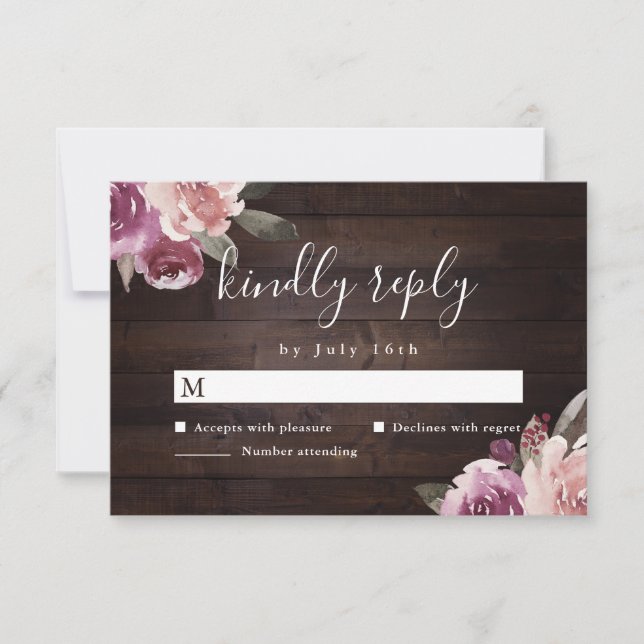 Mauve purple & mulberry floral rustic wood wedding RSVP card (Front)