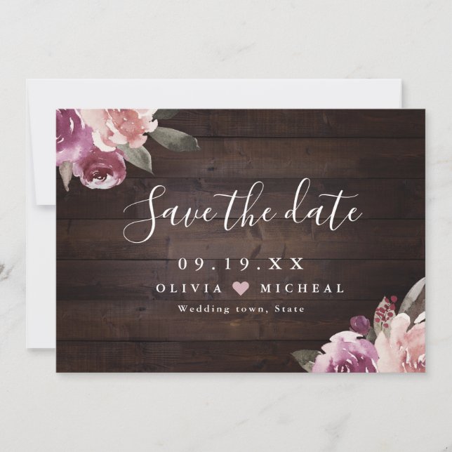 Mauve purple & mulberry floral rustic wood wedding save the date (Front)