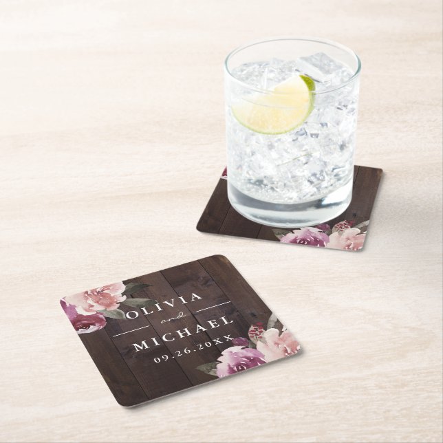 Mauve purple & mulberry floral rustic wood wedding square paper coaster (Insitu)