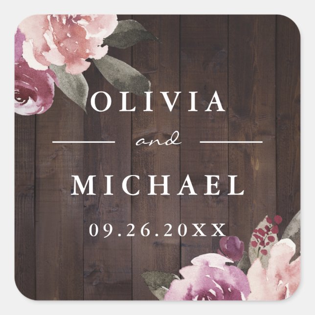 Mauve purple $ mulberry floral rustic wood wedding square sticker (Front)