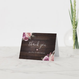 Mauve purple & mulberry floral rustic wood wedding thank you card