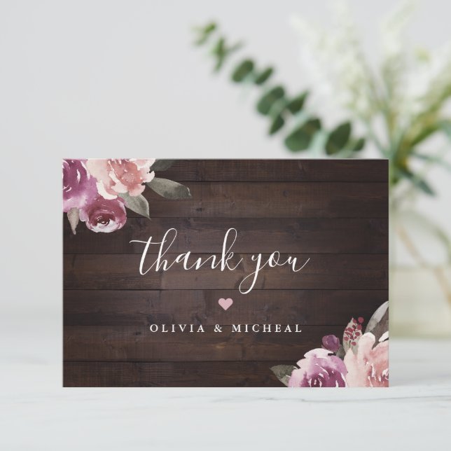 Mauve purple & mulberry floral rustic wood wedding thank you card (Standing Front)