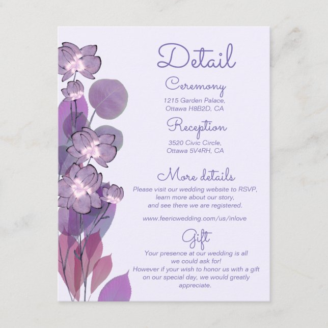 Mauve purple periwinkle floral wedding details   enclosure card (Front)