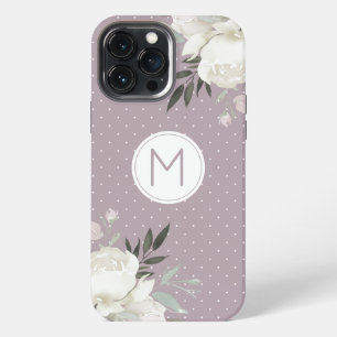 Mauve Purple Polka Dot White Rose Floral Monogram iPhone 13 Pro Max Case
