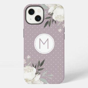 Mauve Purple Polka Dot White Rose Floral Monogram iPhone 13 Case