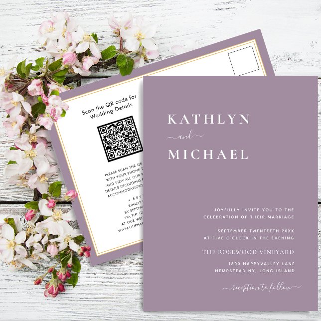 Mauve Purple QR Code All In One Modern Wedding Invitation Postcard (Creator Uploaded)
