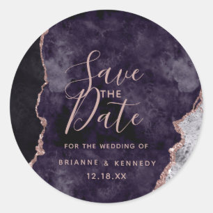 Mauve Purple Rose Gold Agate Marble Save the Date Classic Round Sticker