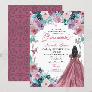 Mauve Purple Teal Pink Sunset Quinceanera Invitation
