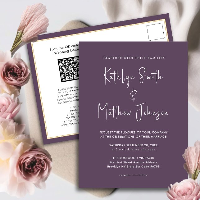 Mauve QR Code All In One Modern Script Wedding Invitation Postcard (Creator Uploaded)