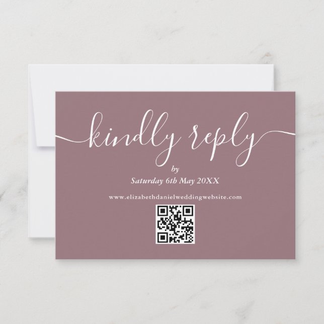 Mauve QR Code Elegant Script Kindly Reply RSVP Card (Front)