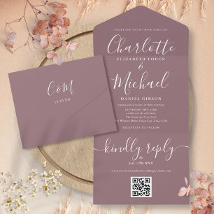 Mauve QR Code Script Minimalist Wedding All In One Invitation