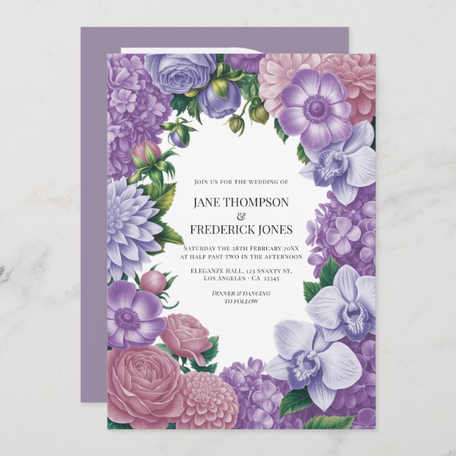 Mauve Quartz, Dusty Peony & Frosted Lilac Wedding Invitation (Front/Back)
