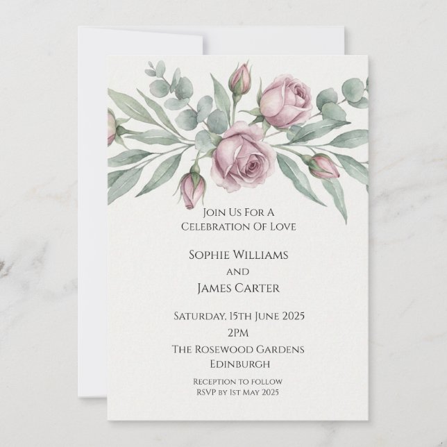Mauve Rose & Eucalyptus Cascade Invitation (Front)