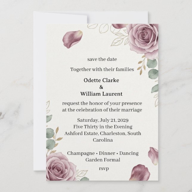 Mauve Rose Petals Save the Date Card (Front)