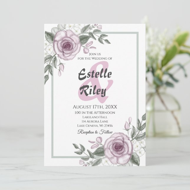 Mauve Roses Elegant Floral Wedding Invitation (Standing Front)