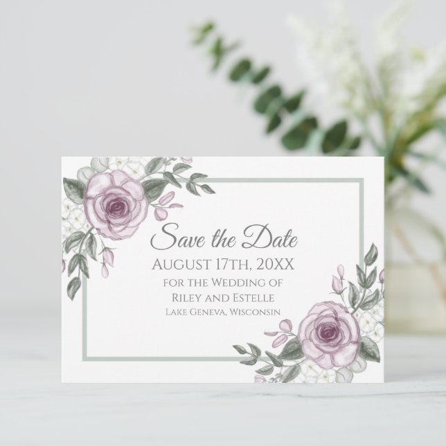 Mauve Roses Elegant Floral Wedding Save the Date RSVP Card (Standing Front)