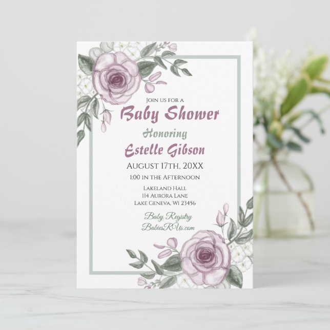 Mauve Roses Girl's Floral Baby Shower Invitation (Standing Front)