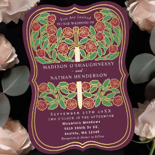 Mauve Royal Mediaeval Floral Sword Wedding Invitation