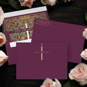 Mauve Royal Mediaeval Gold Floral Sword Wedding Envelope