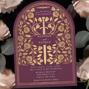 Mauve Royal Mediaeval Gold Sword Wedding Arch Invitation
