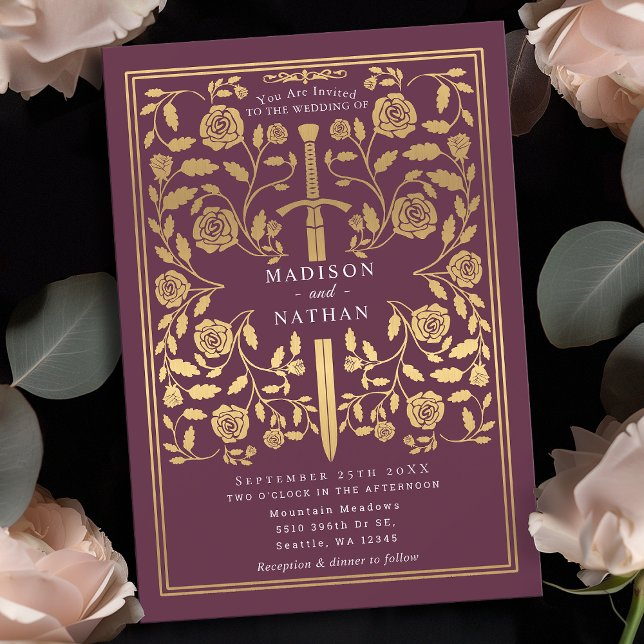 Mauve Royal Mediaeval Gold Sword Wedding Invitatio Invitation (Creator Uploaded)