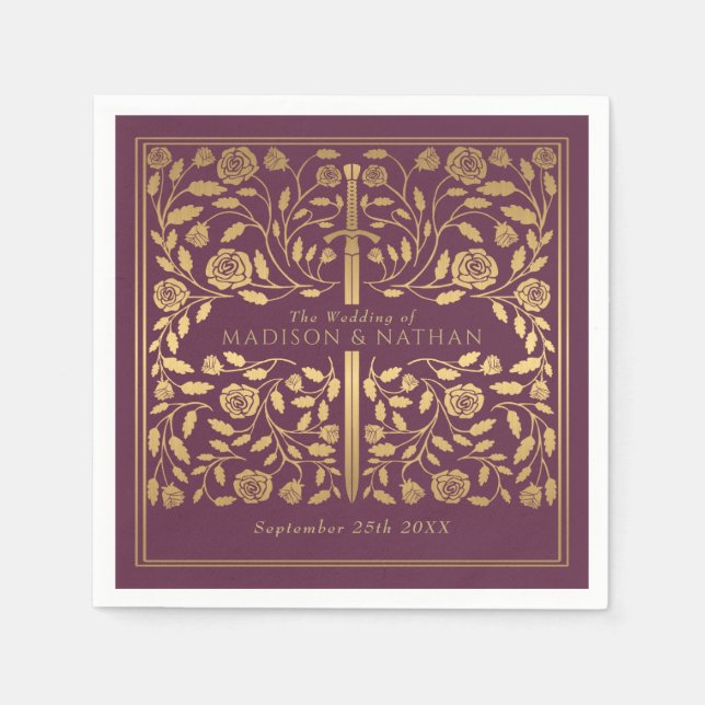 Mauve Royal Mediaeval Gold Sword Wedding Napkin (Front)