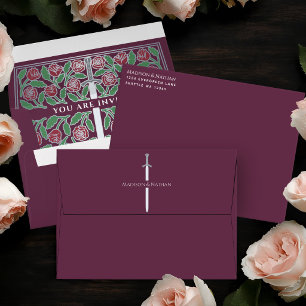 Mauve Royal Mediaeval Silver Floral Sword Wedding Envelope