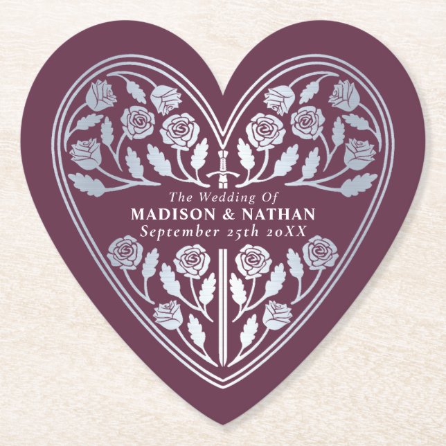 Mauve Royal Mediaeval Silver Sword Wedding Paper Coaster (Front)