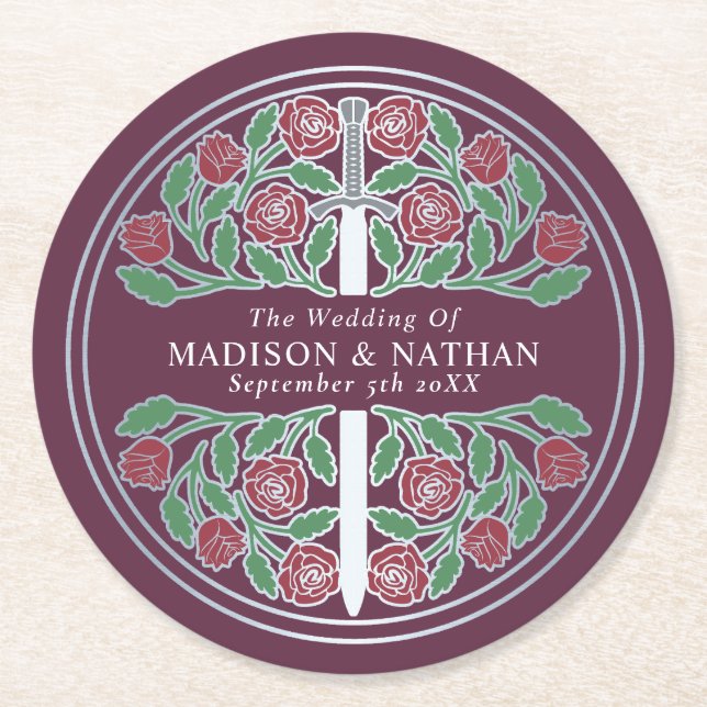 Mauve Royal Mediaeval Silver Sword Wedding Round Paper Coaster (Front)