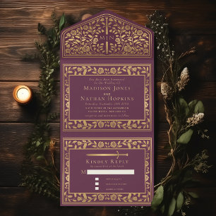 Mauve Royal Mediaeval Sword Wedding  All In One Invitation