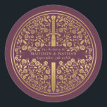 Mauve Royal Mediaeval Sword Wedding Classic Round Sticker<br><div class="desc">Celebrate your special day with this Royal Mediaeval Sword Wedding design. The design on the back of the invite is NOT real gold foil. You can customise this further by clicking on the "PERSONALIZE" button.</div>