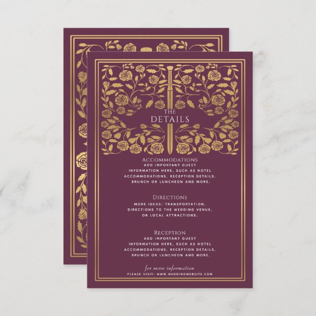 Mauve Royal Mediaeval Sword Wedding Details  Enclosure Card (Front/Back)