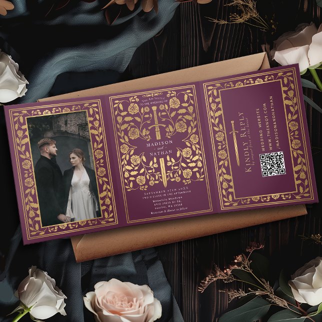 Mauve Royal Mediaeval Sword Wedding QR Code Tri-Fold Invitation (Creator Uploaded)