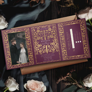 Mauve Royal Mediaeval Sword Wedding Tri-Fold Invitation