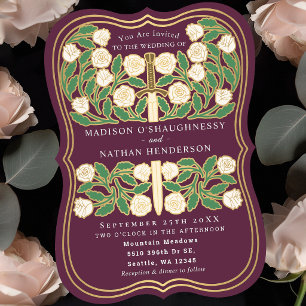 Mauve Royal Mediaeval White Floral Sword Wedding Invitation