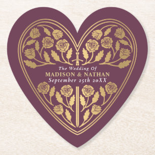 Mauve Royal Medieval Gold Sword Wedding Paper Coaster