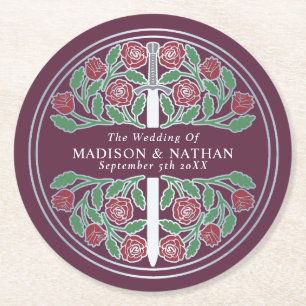 Mauve Royal Medieval Silver Sword Wedding Round Paper Coaster
