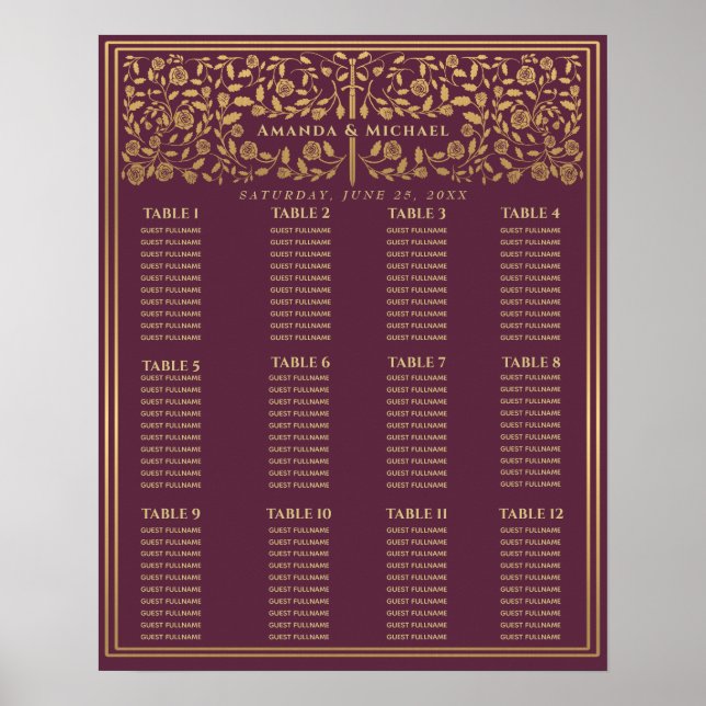 Mauve Royal Medieval Sword Wedding Seating Chart (Front)