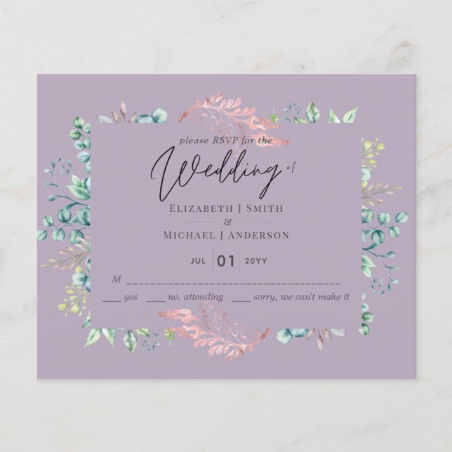 Mauve Sage Botanical Leaves RSVP Budget Wedding (Front)