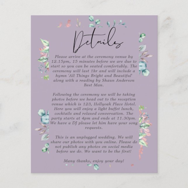 Mauve Sage Rosegold Leaves Wedding Details Program (Front)